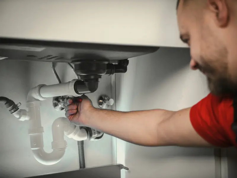 Smiling plumber reaching under a kitchen sink to tighten a drain pipe fitting